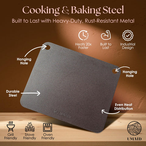 UMAID pizza steel on grill delivers even sear and browning.