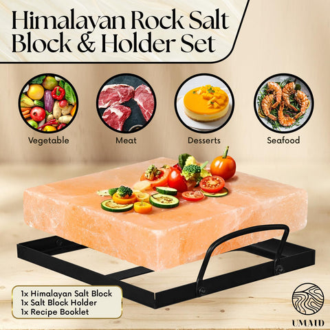 UMAID Himalayan salt block sears steak on stovetop for a savory crust