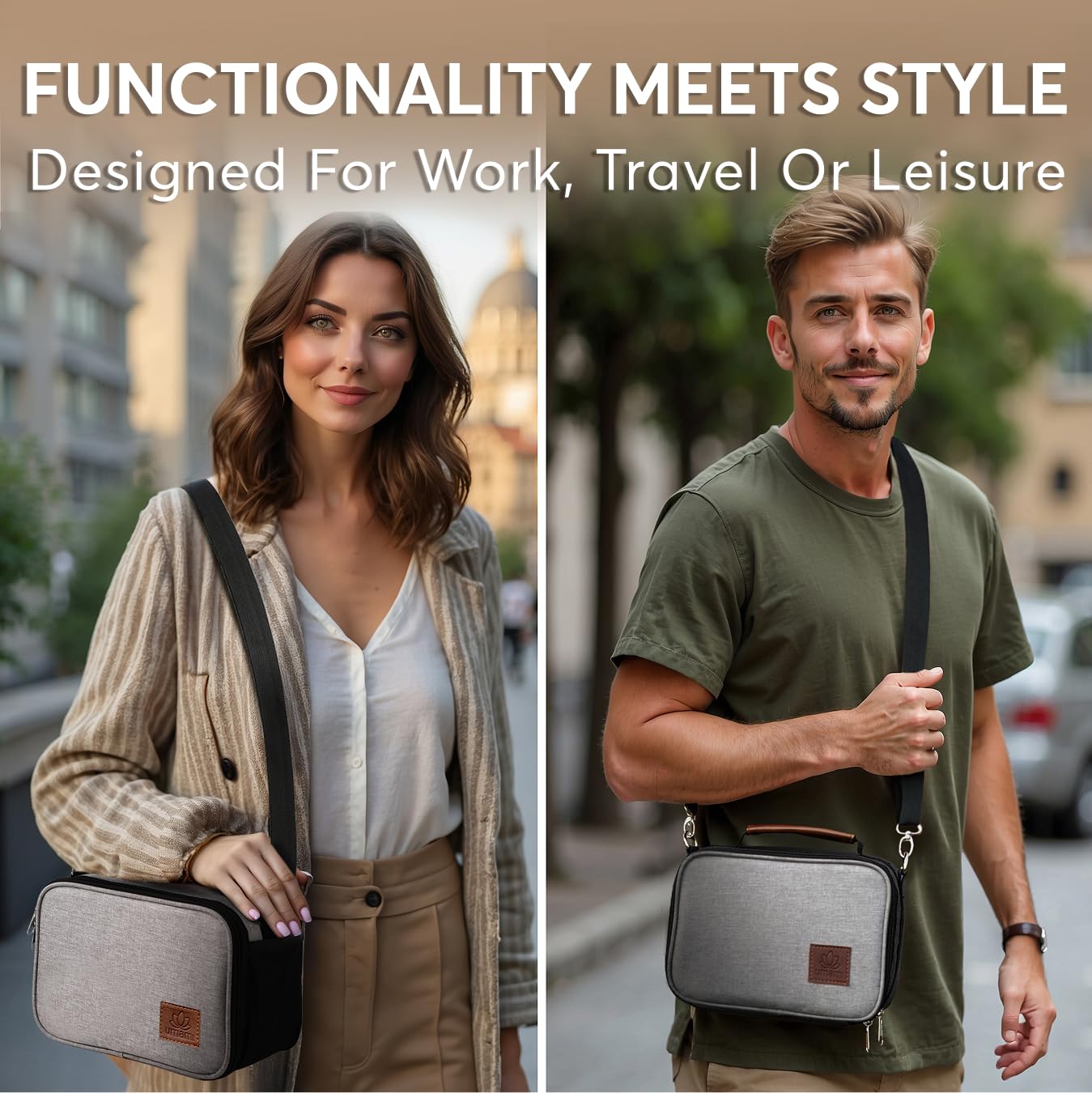Umami adult lunch box gray adjustable strap for hands-free meals.