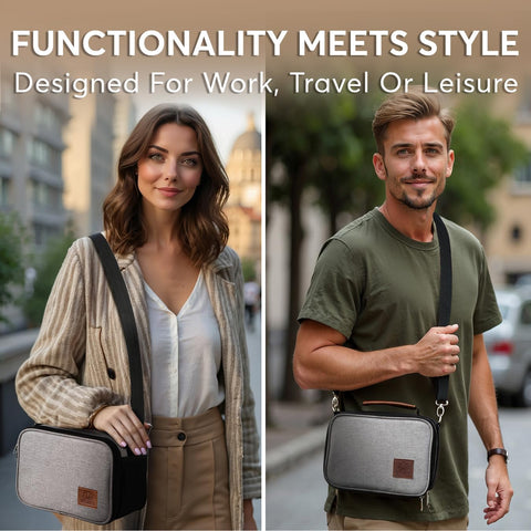 Umami adult lunch box gray adjustable strap for hands-free meals.