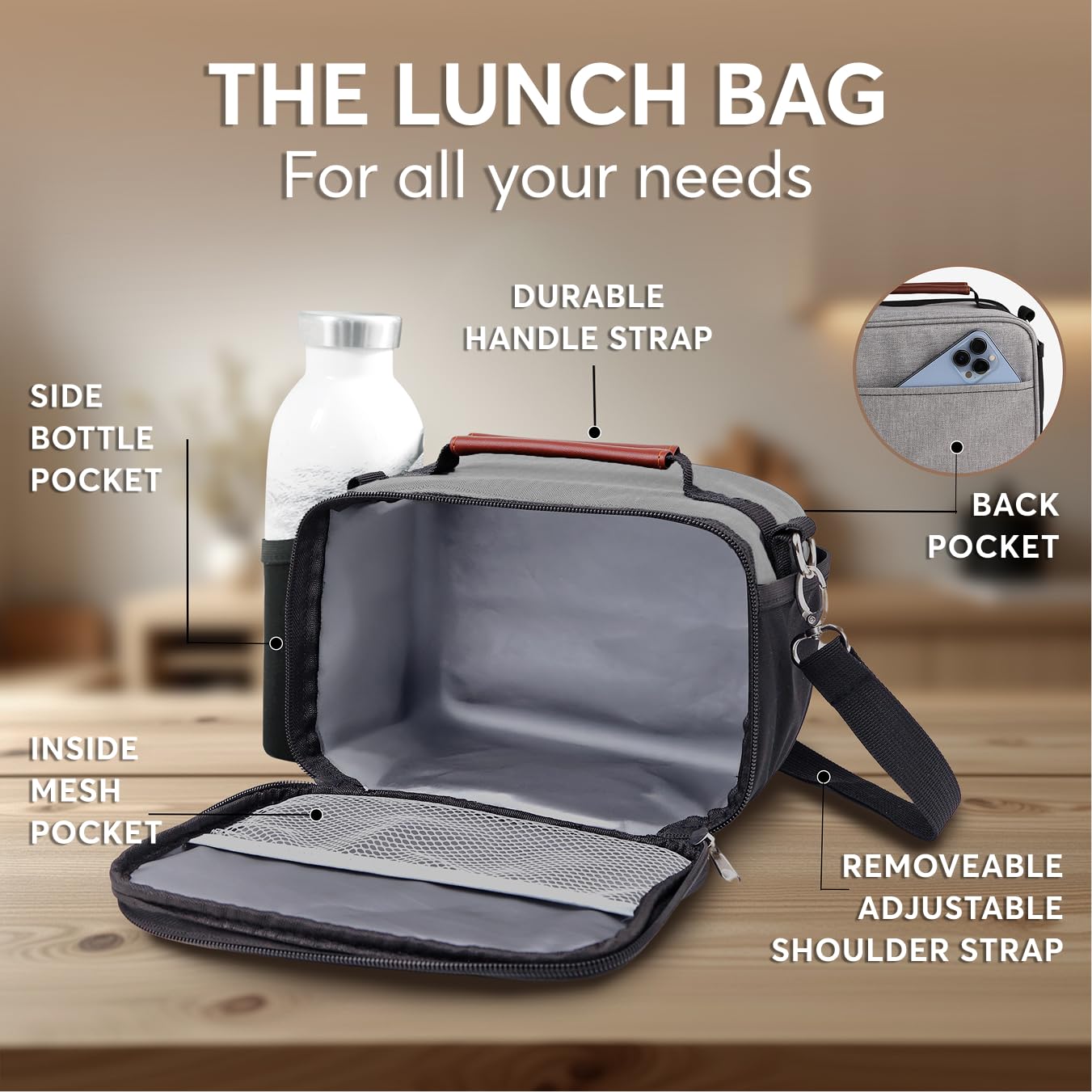 Umami adult lunch box gray ergonomic handle for comfortable all-day carry.