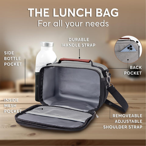 Umami adult lunch box gray ergonomic handle for comfortable all-day carry.