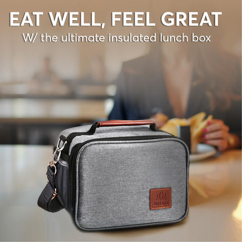 Umami adult lunch box gray side pocket for utensils and napkins.