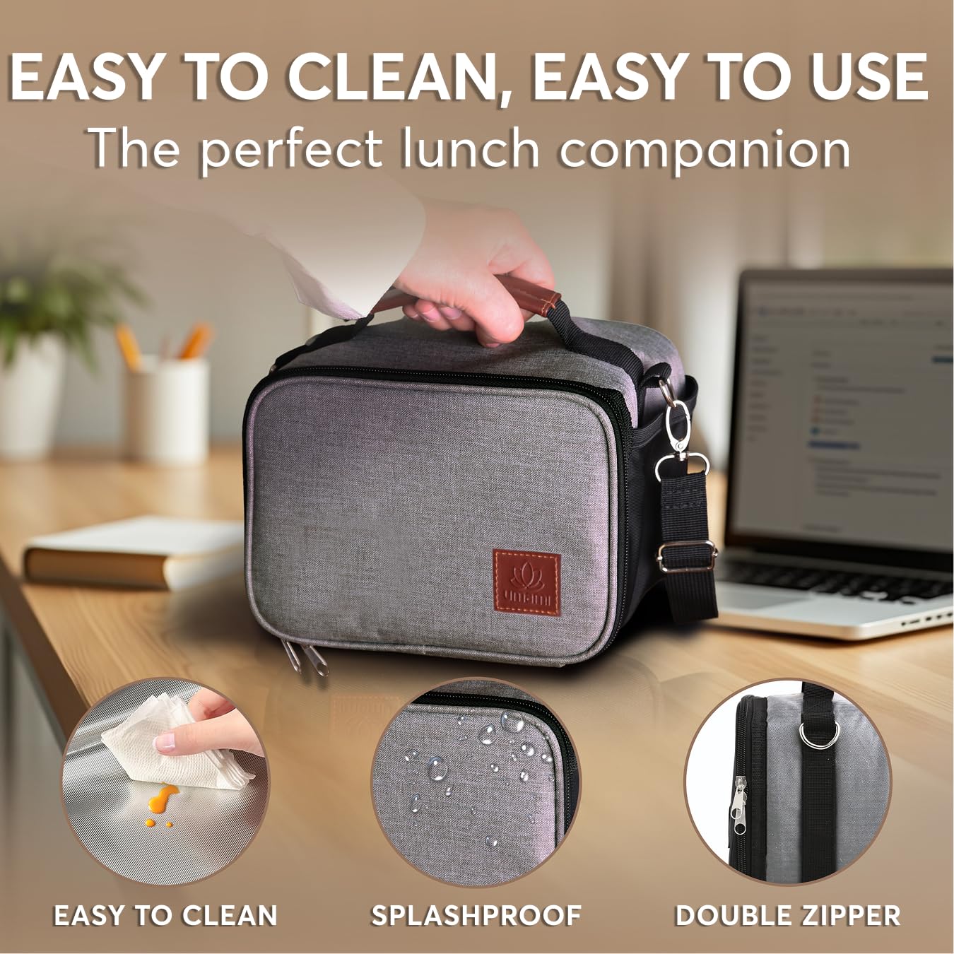 Umami adult lunch box gray water bottle pocket keeps drinks accessible.