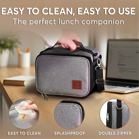 Umami adult lunch box gray water bottle pocket keeps drinks accessible.