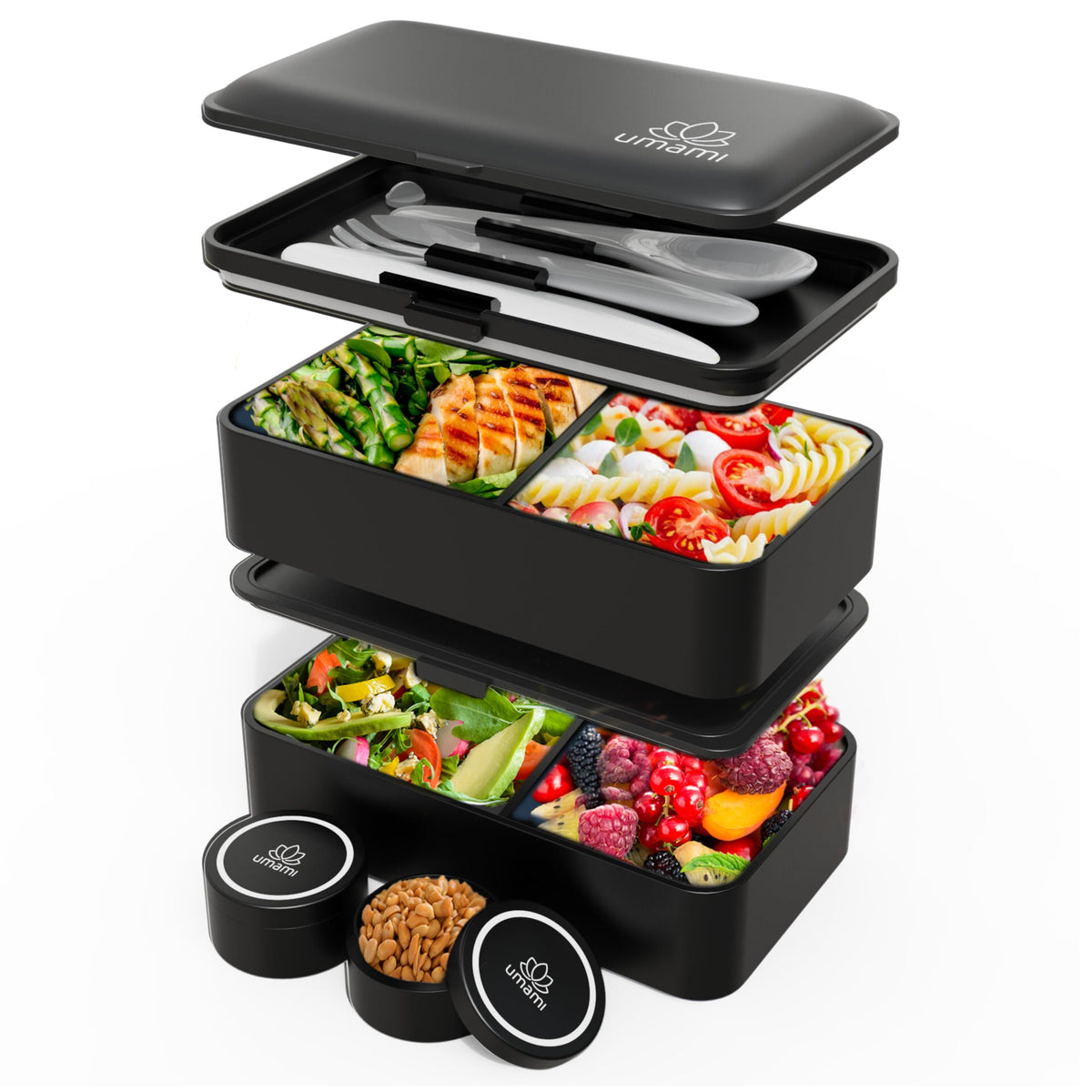 Umami Bento Box closed in matte black for easy lunch storage.