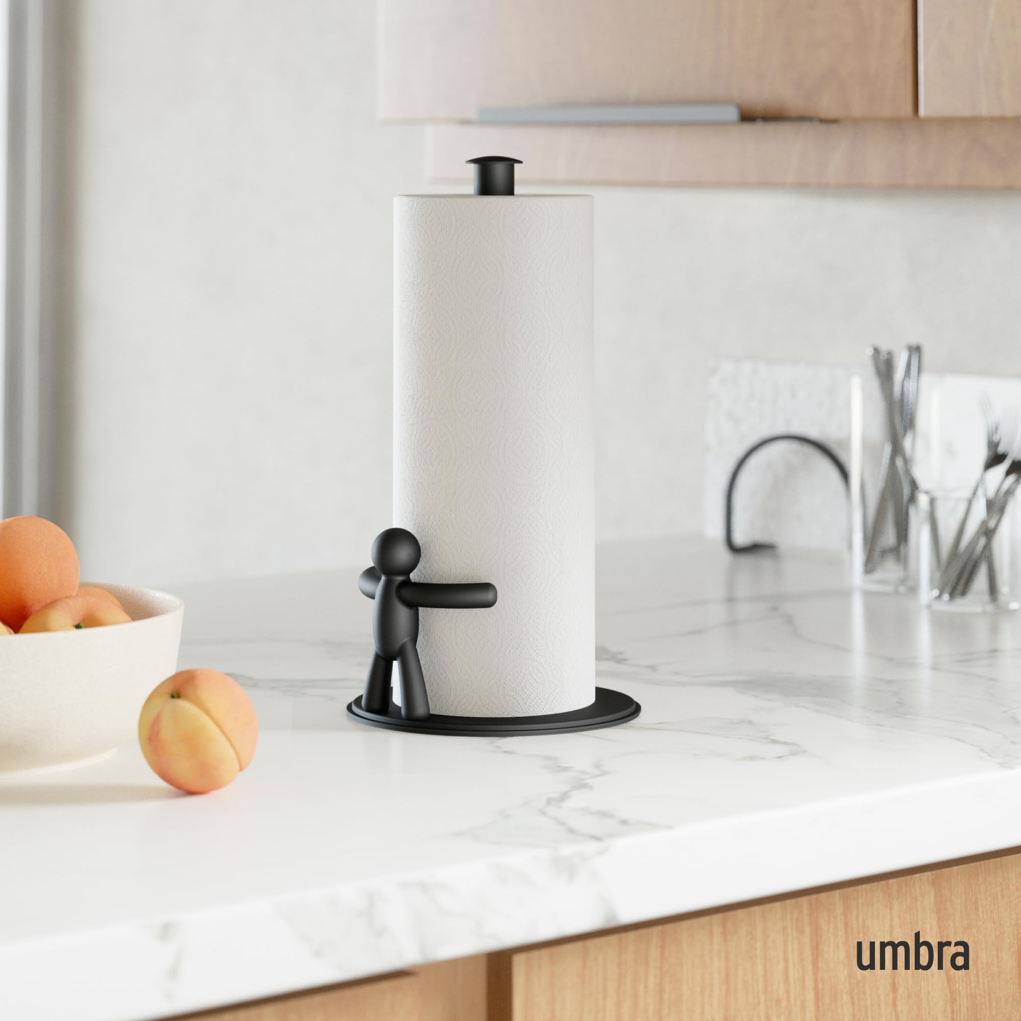 Umbra Buddy paper towel holder side view highlighting compact profile