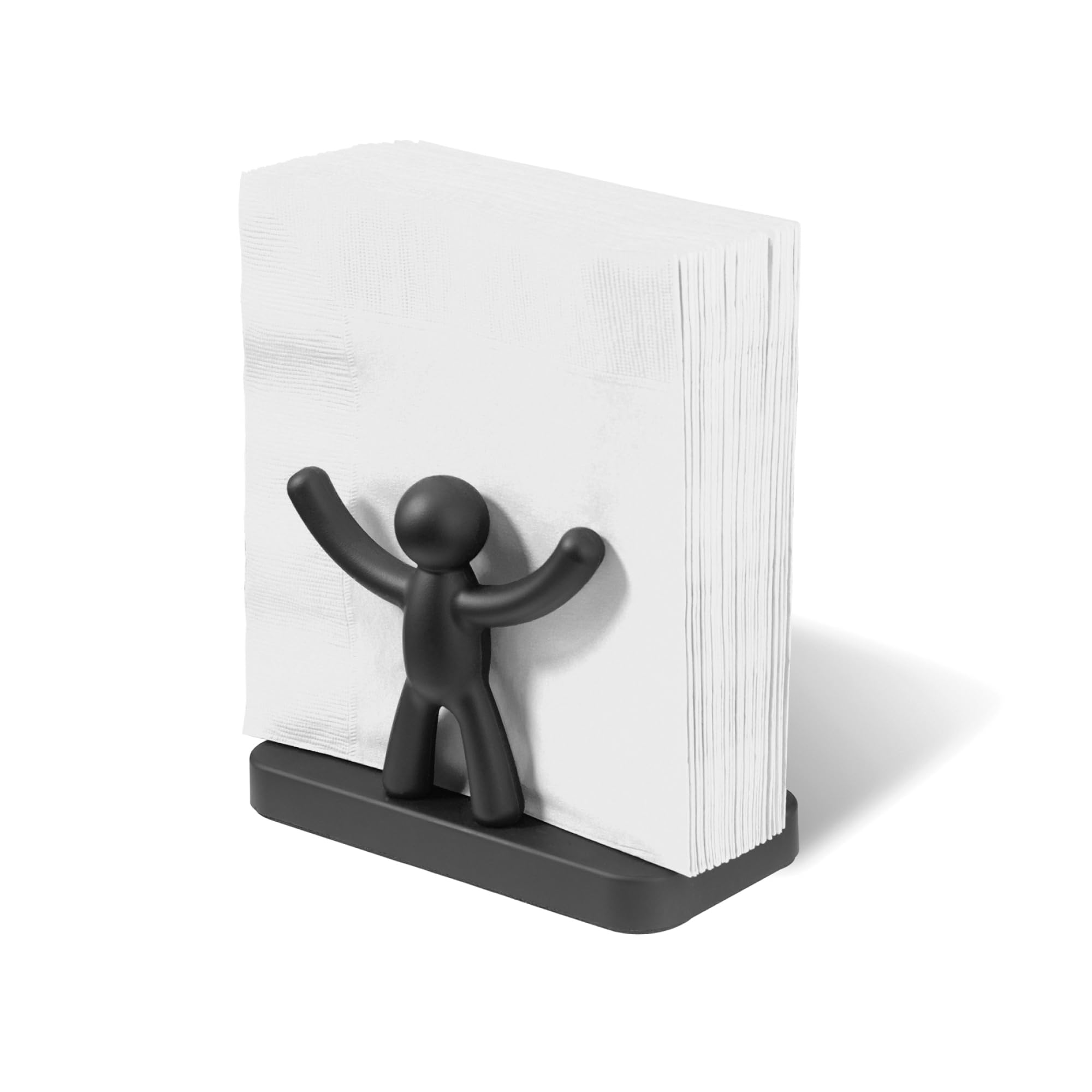 Umbra Buddy napkin holder black front view highlights secure napkin grip.