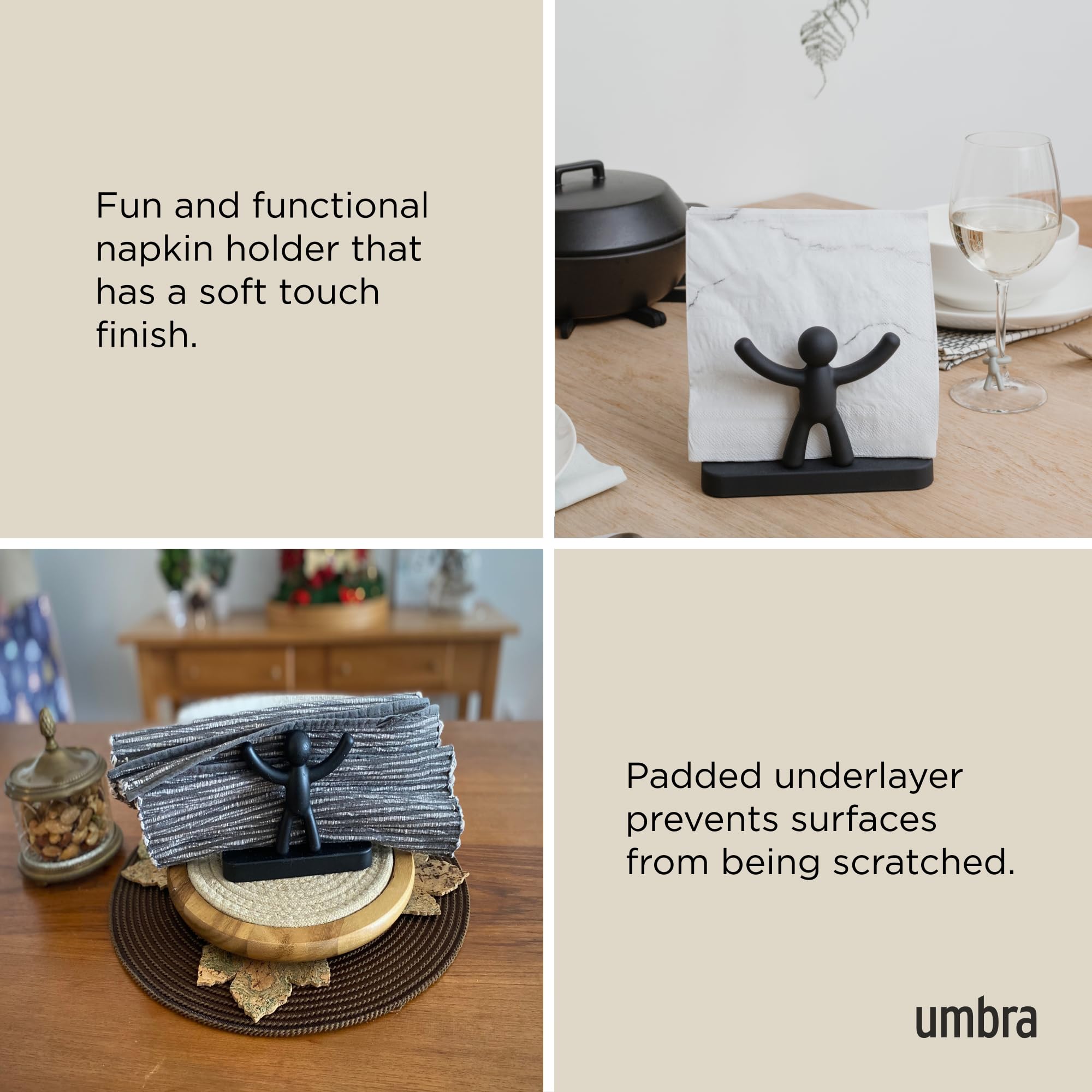 Umbra Buddy napkin holder black molded-figure holding napkins demonstrates playful decor.