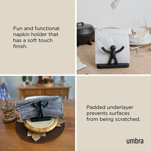 Umbra Buddy napkin holder black molded-figure holding napkins demonstrates playful decor.