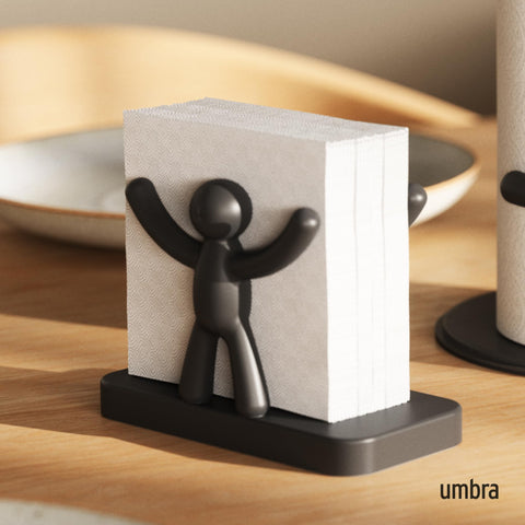 Umbra Buddy napkin holder black side view shows non-slip base protection.