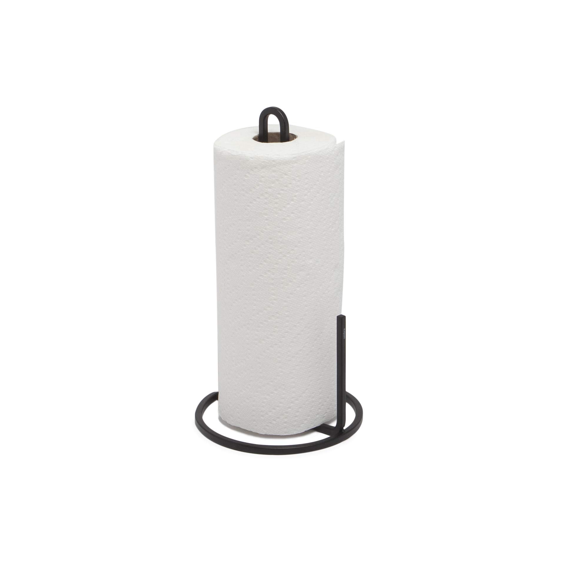 Umbra Squire paper towel stand with a modern metal look for kitchen counters.