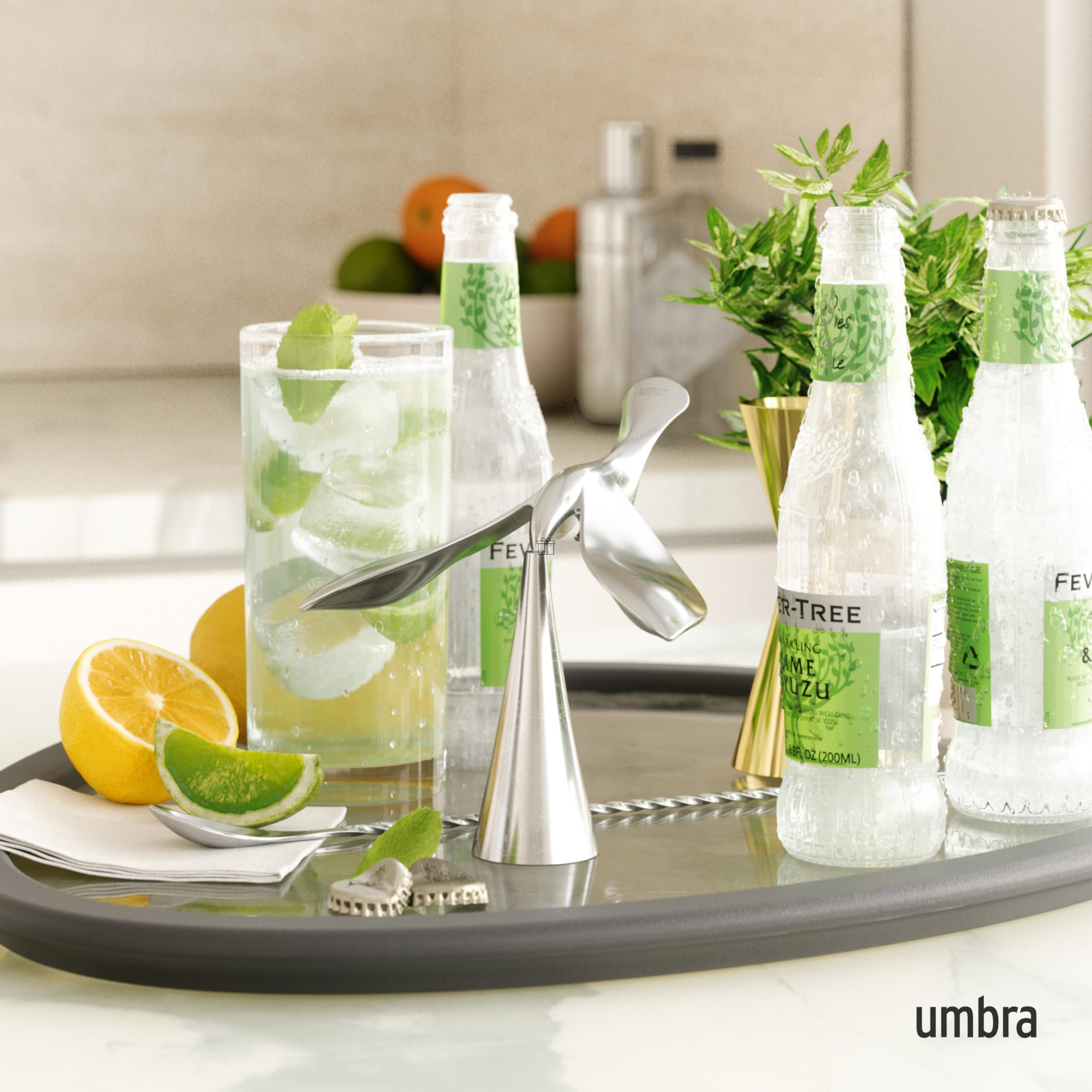 Close-up of the chrome finish highlights Tipsy’s durable, polished look.