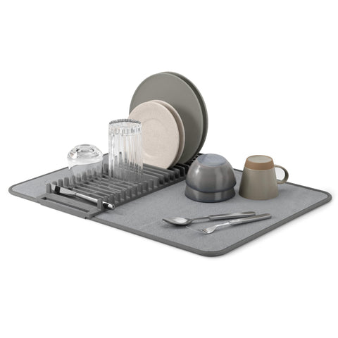 Umbra Udry drying mat and rack setup keeps dishes organized while air-drying.