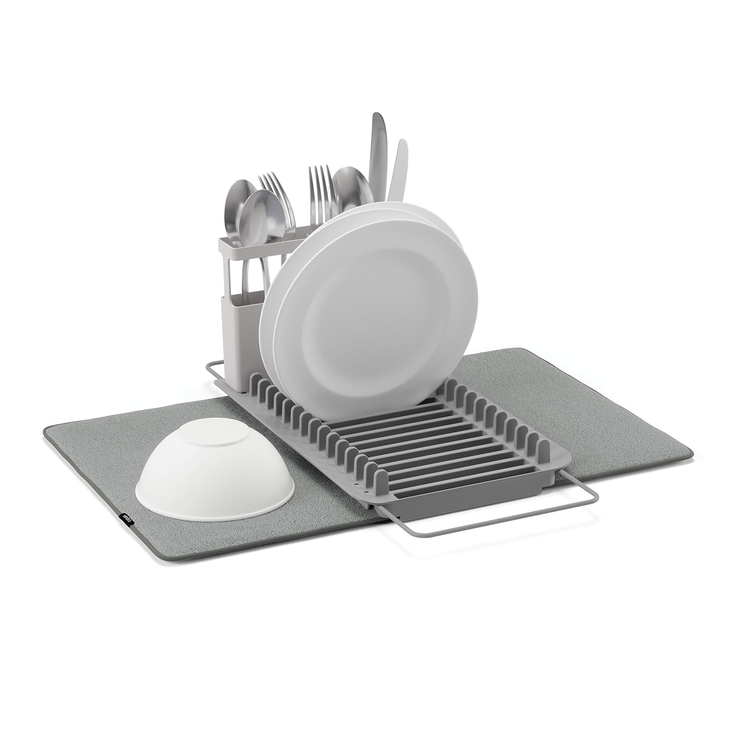 Umbra UDry over-sink dish rack with microfiber mat holding up to 16 plates.