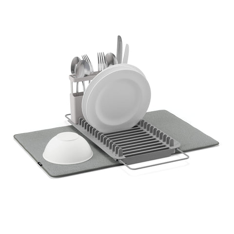 Umbra UDry over-sink dish rack with microfiber mat holding up to 16 plates.