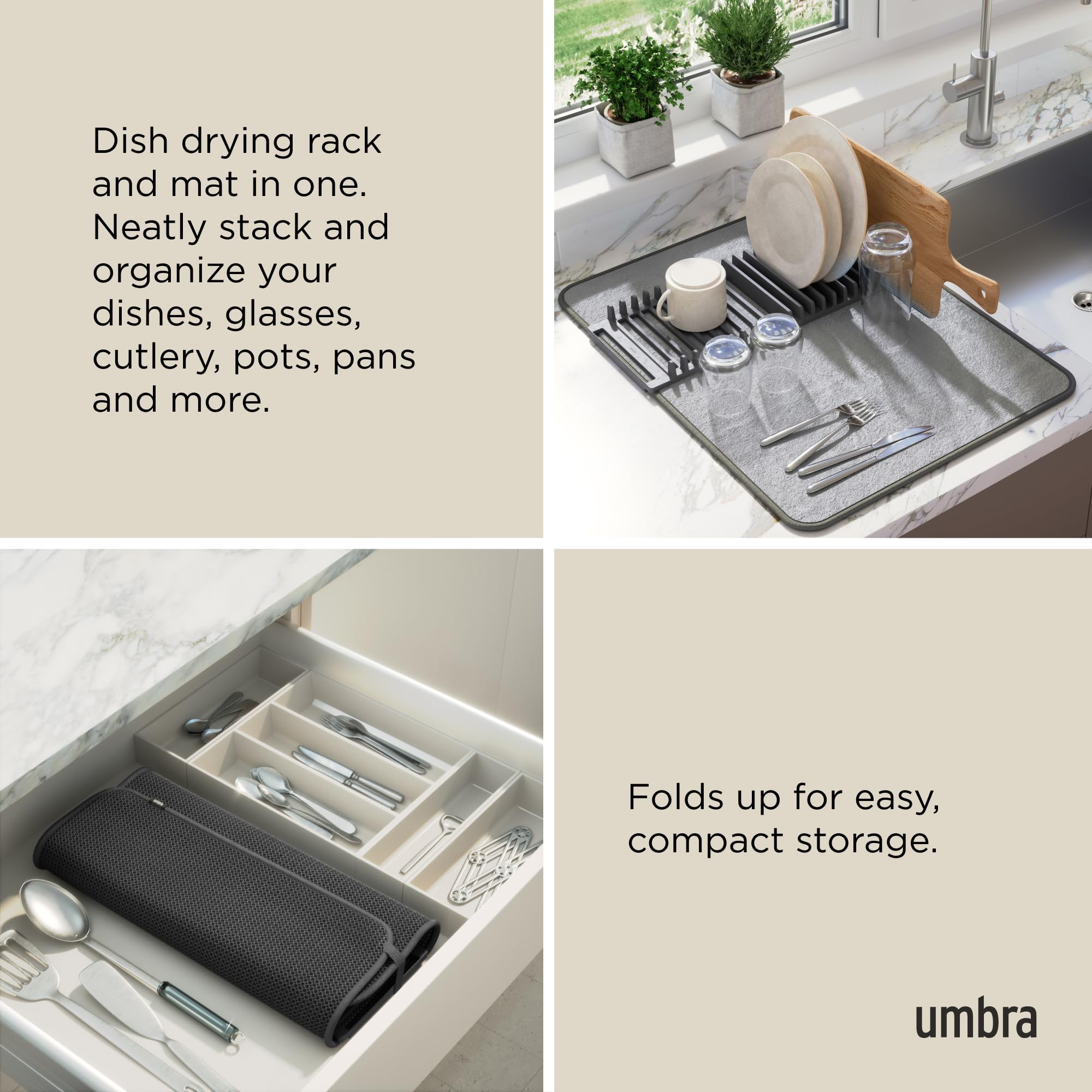 Umbra Udry removable dish rack tray simplifies cleaning and rearrangement.