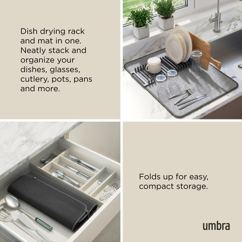 Umbra Udry removable dish rack tray simplifies cleaning and rearrangement.