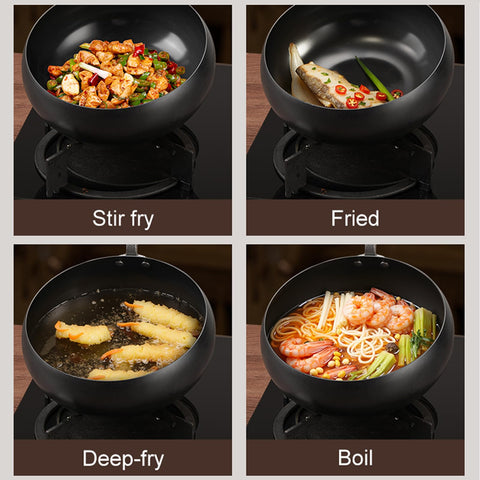 UMETRE carbon steel wok with glass lid for moisture control.