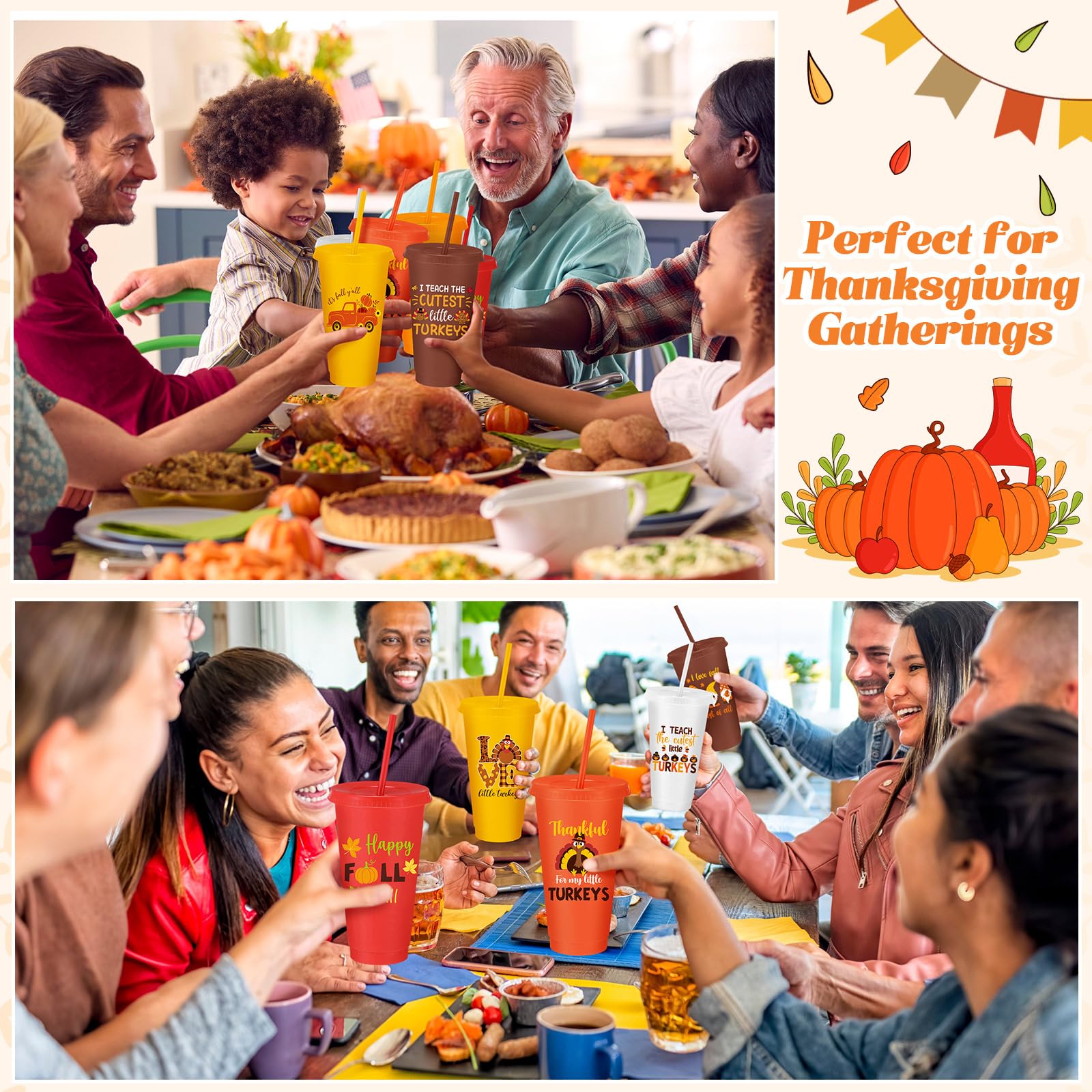 Umigy turkey-pattern cups brighten Friendsgiving decor while keeping drinks handy