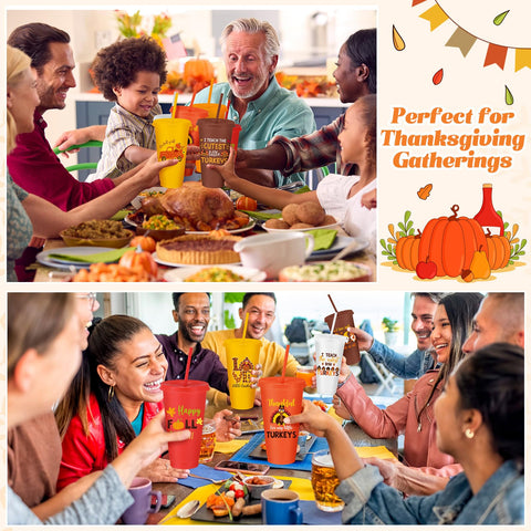 Umigy turkey-pattern cups brighten Friendsgiving decor while keeping drinks handy