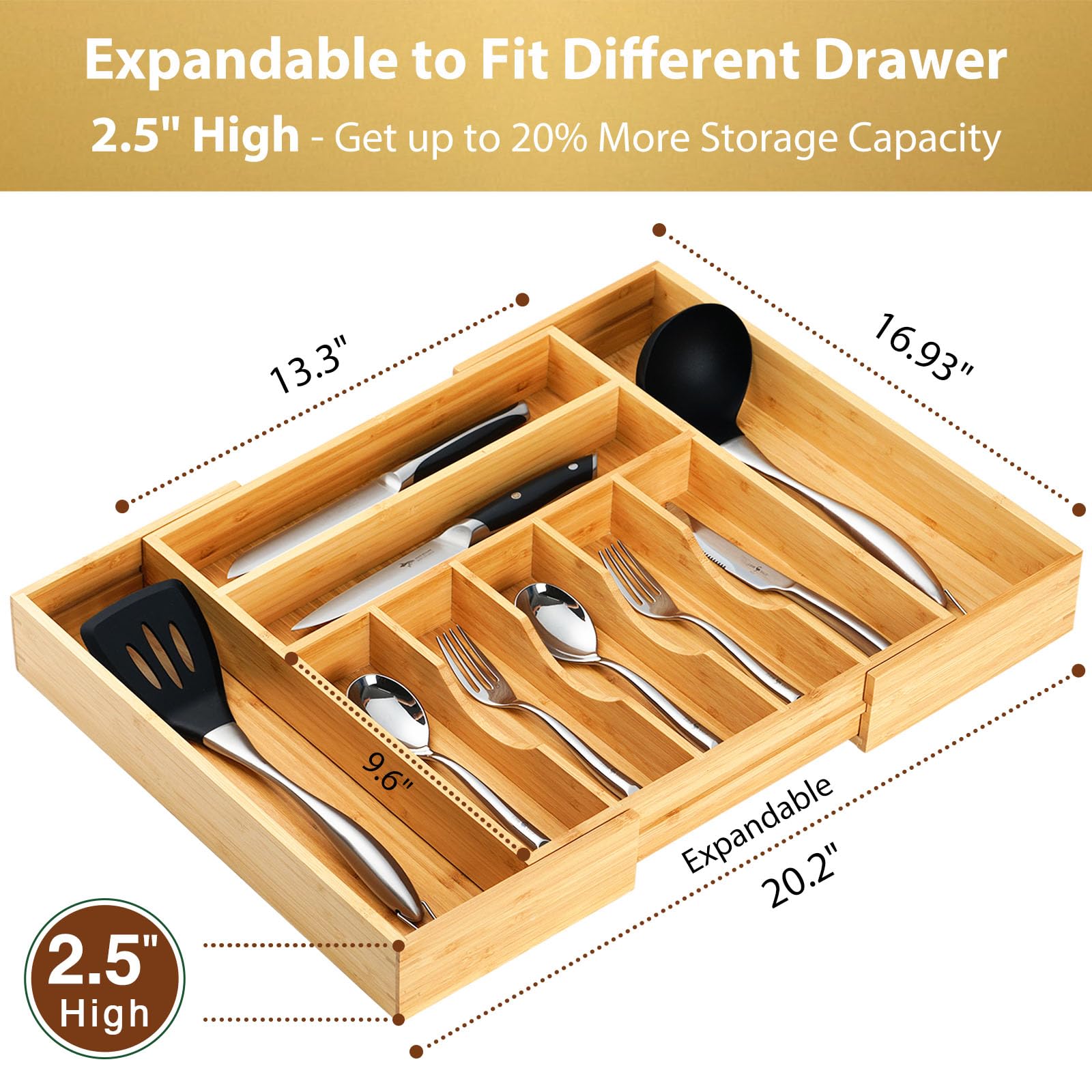 Umilife bamboo cutlery tray with thick frame ensures durable organization
