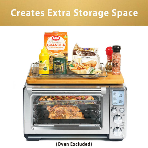 Umilife cutting board offers storage for oven mitts, liners, and pans.
