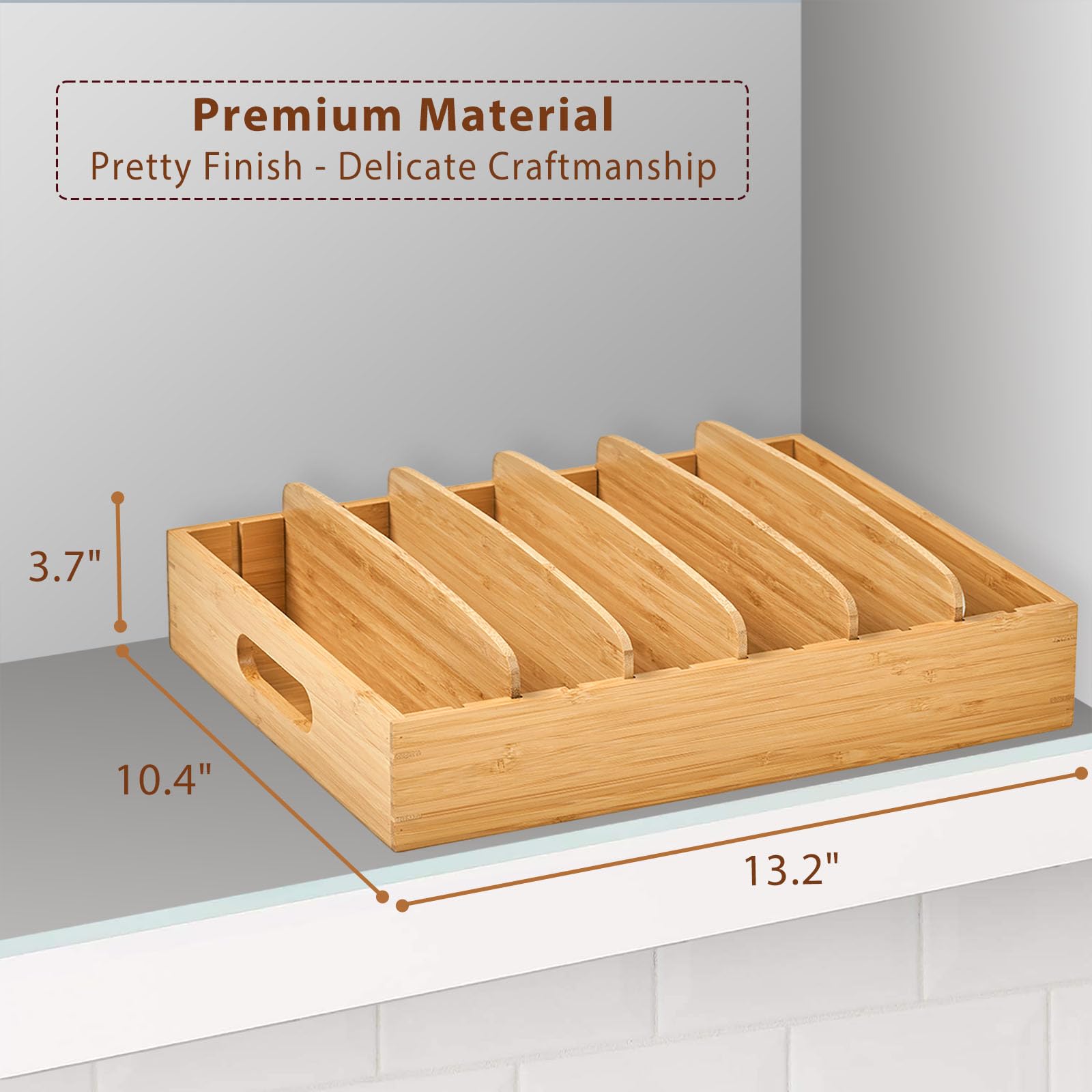 Umilife drawer caddy with adjustable dividers, creates flexible compartments for lids and small items.