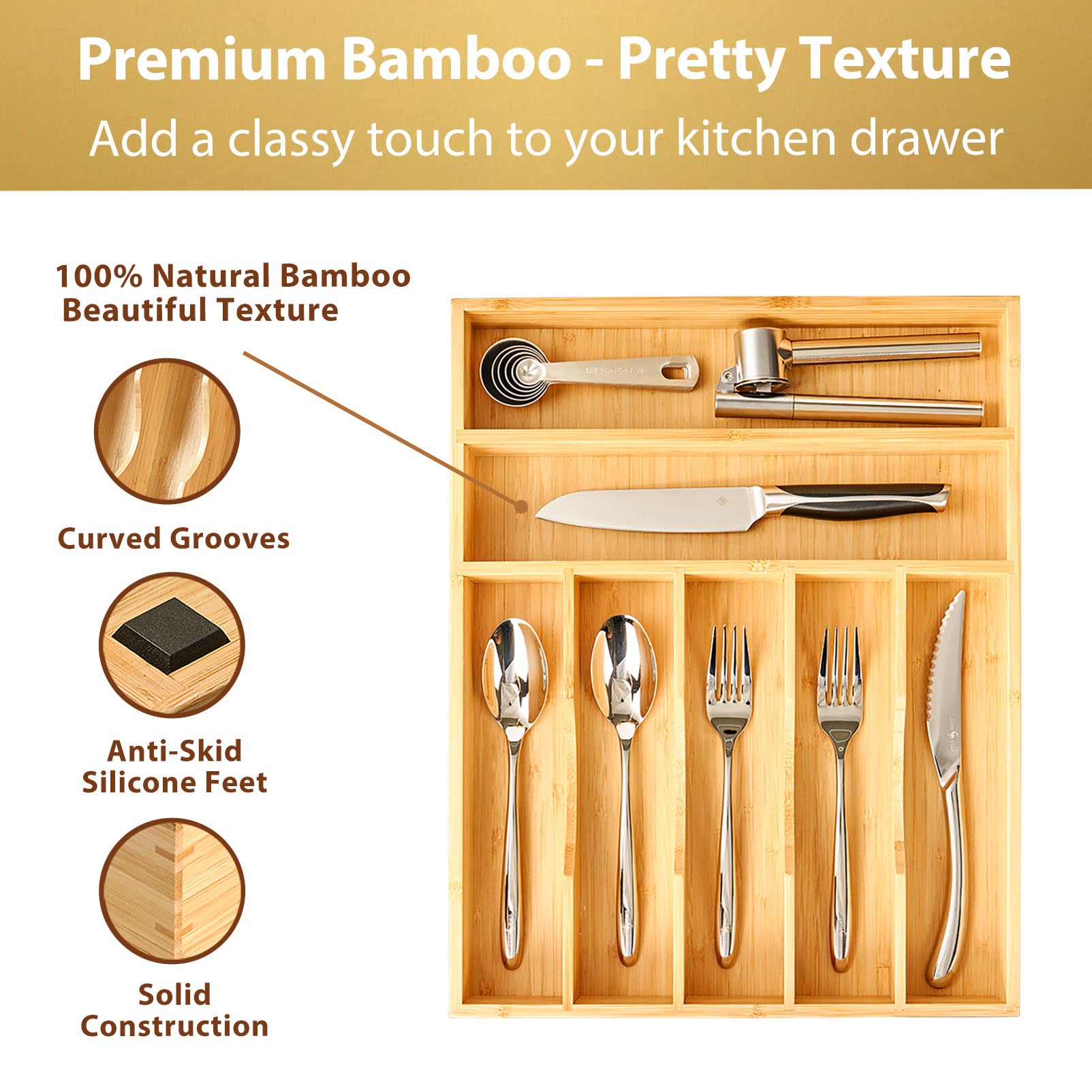 Umilife bamboo drawer divider with seven slots keeps forks, spoons, and knives organized.