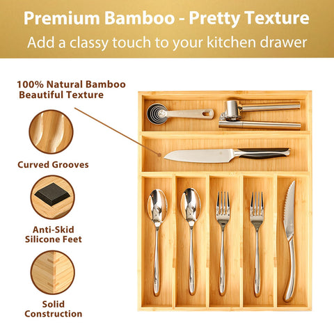 Umilife bamboo drawer divider with seven slots keeps forks, spoons, and knives organized.