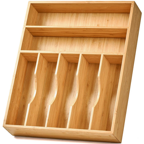 Umilife bamboo drawer organizer shows the 17x13 inch footprint for neat silverware storage.