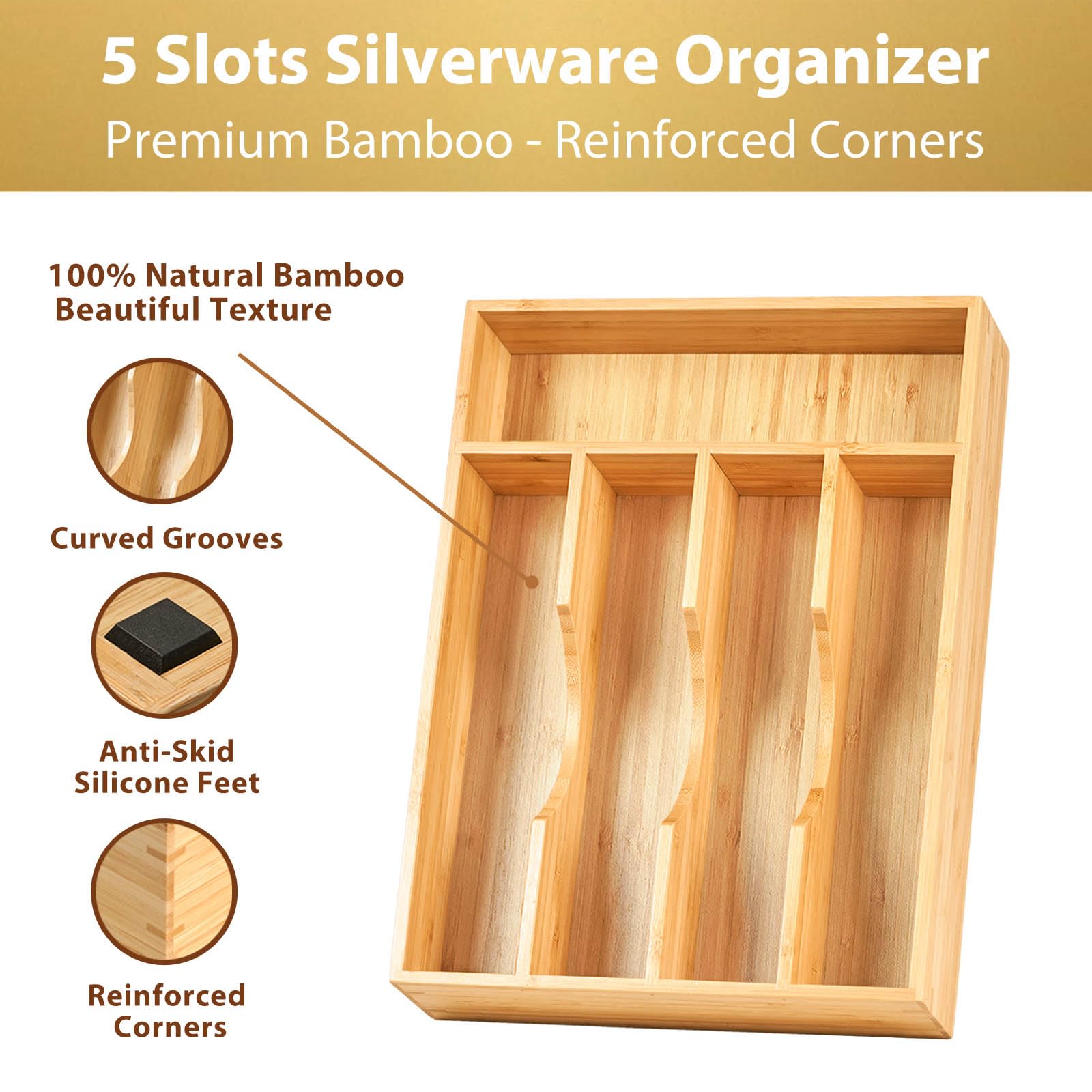 Umilife bamboo organizer frame with dividers keeps utensils neatly separated and secure.