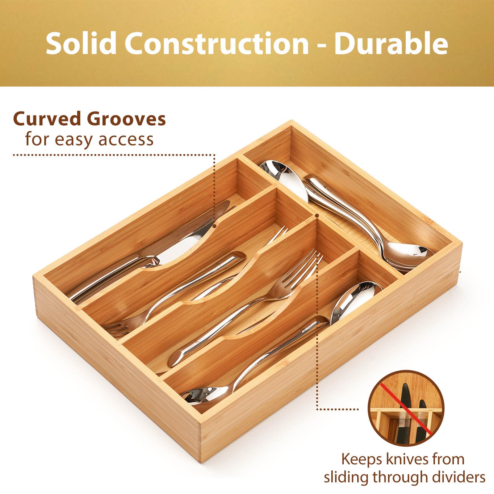 Umilife bamboo organizer with knives-safe design helps prevent slips and misplacement.