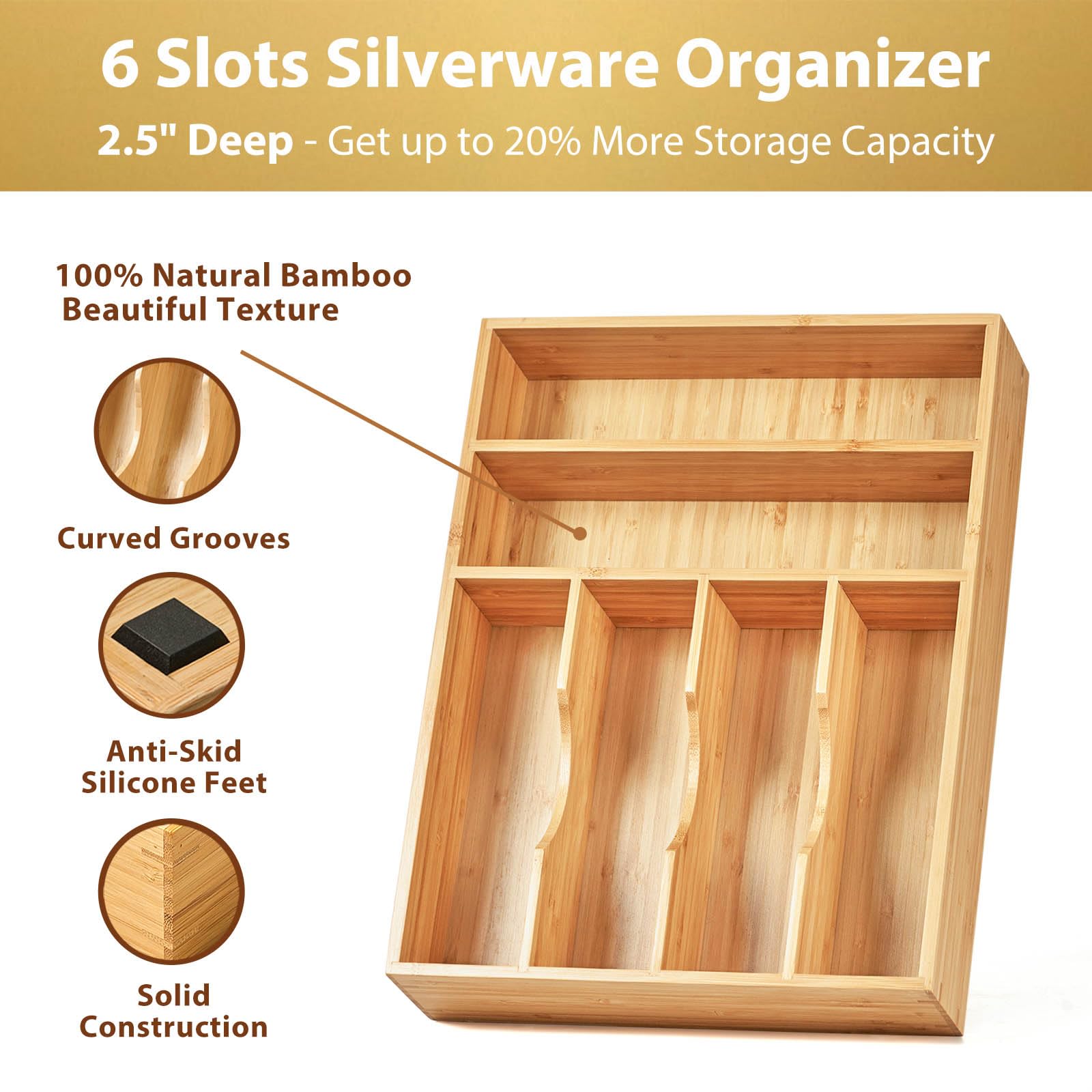 Umilife bamboo drawer organizer with grooved dividers separates knives and utensils for easy access.