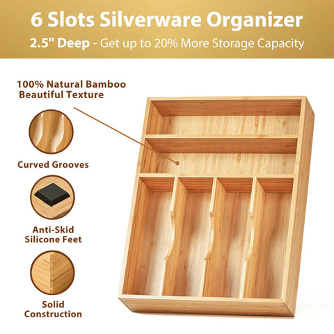 Umilife bamboo drawer organizer with grooved dividers separates knives and utensils for easy access.
