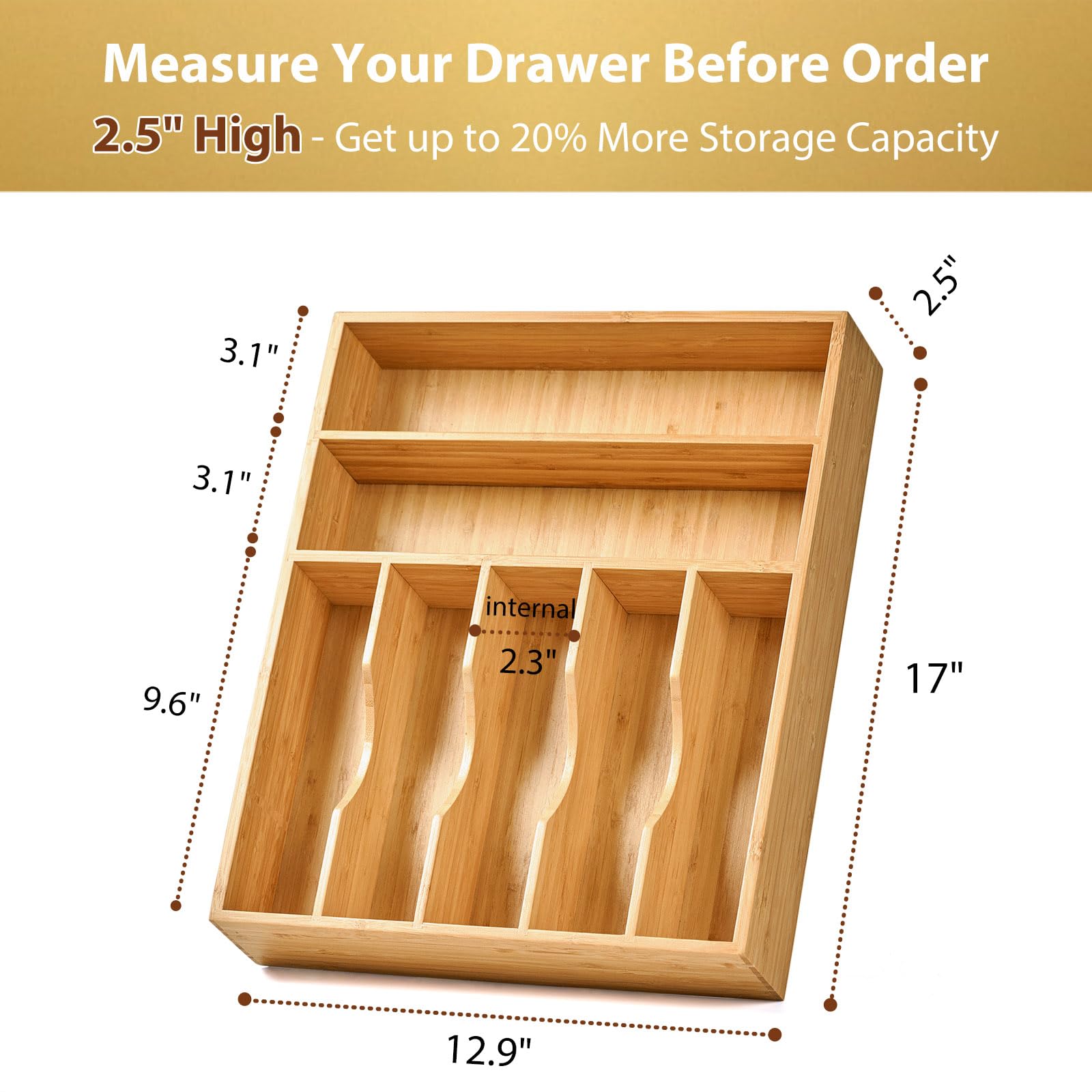 Umilife grooved knife and utensil slots prevent sliding during drawer use.