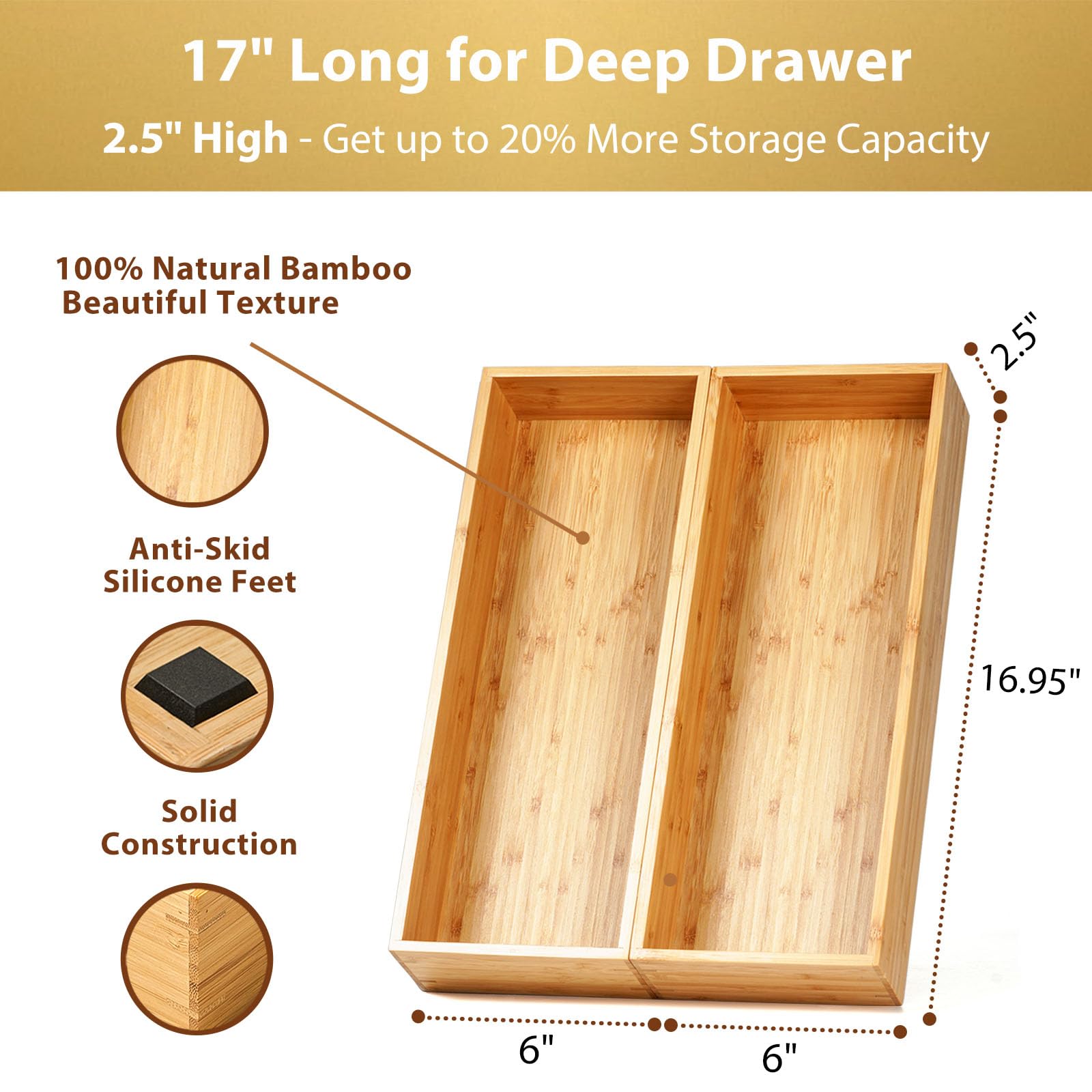 Umilife extra-long drawer divider fits a wide kitchen drawer for easy access.