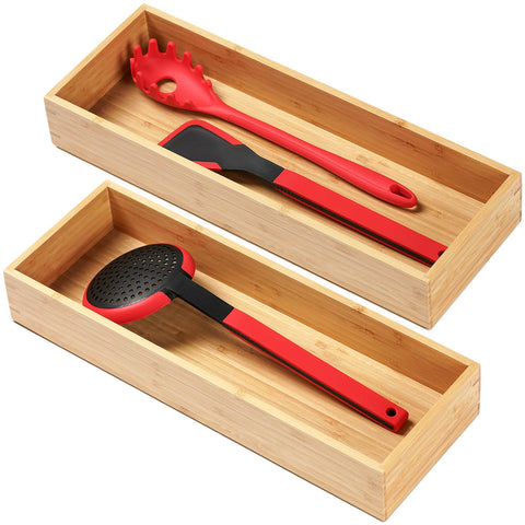 Umilife bamboo utensil organizer with extra-deep compartments for large ladles and spatulas.