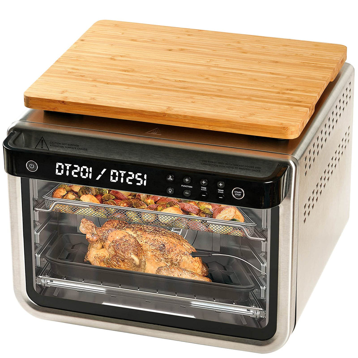 Umilife cutting board on convection-oven-fit feet provides stable support for hot trays.