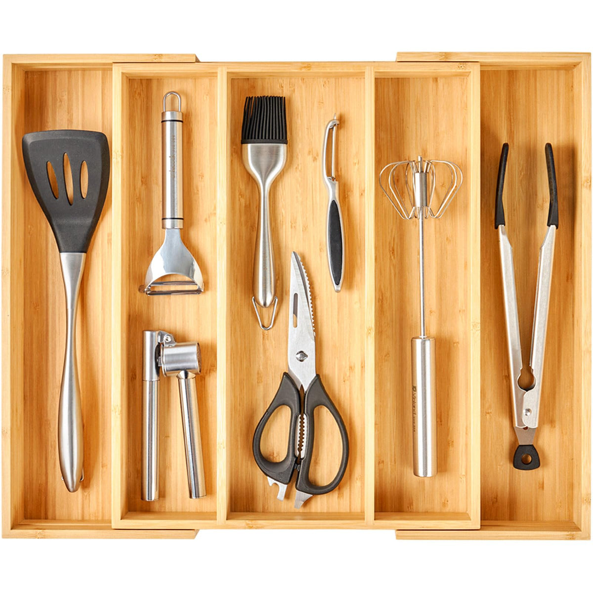 Umilife drawer organizer general view shows bamboo craftsmanship that keeps drawers tidy.