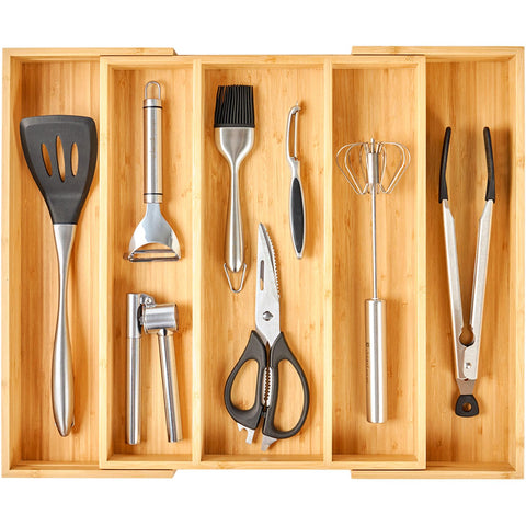 Umilife drawer organizer general view shows bamboo craftsmanship that keeps drawers tidy.