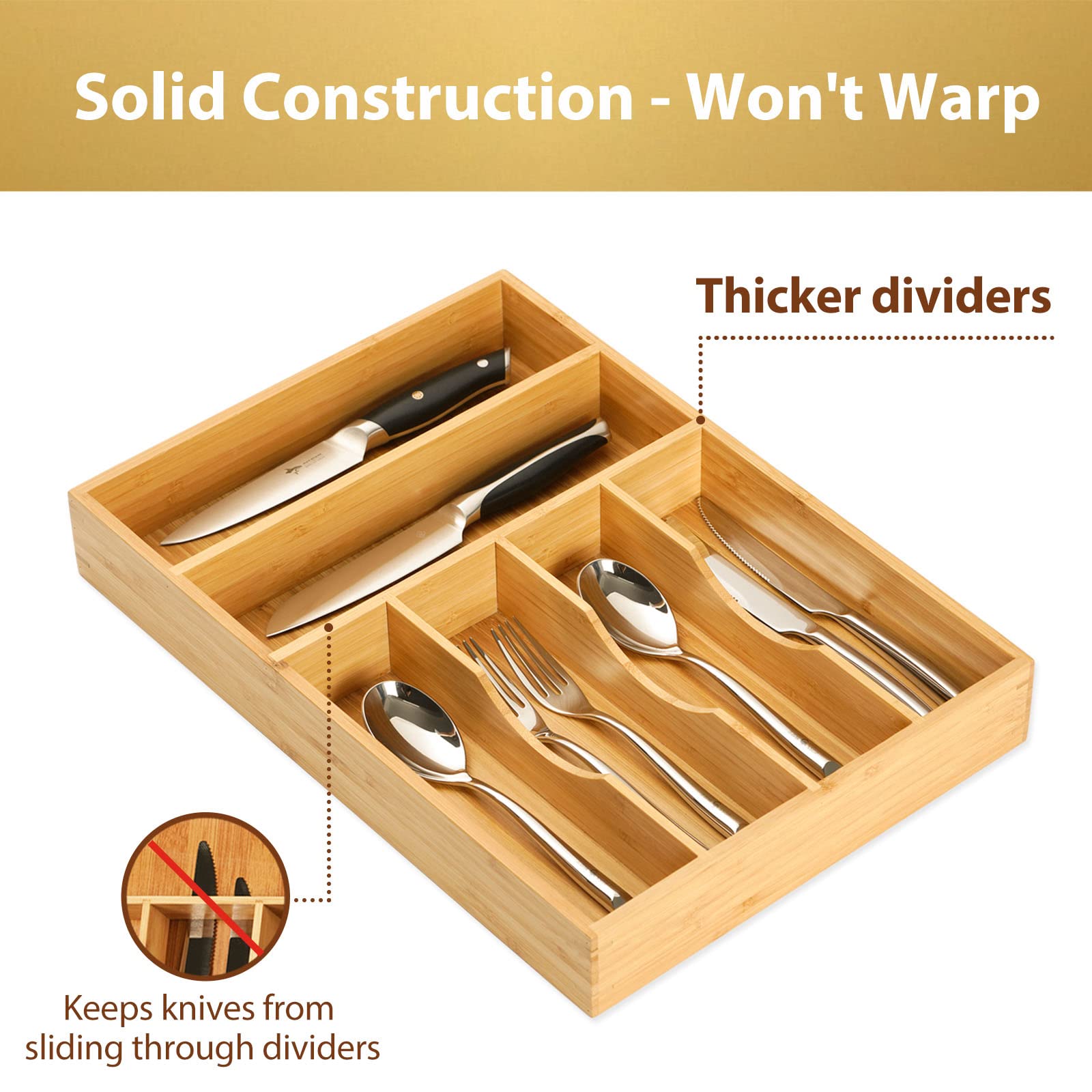 Umilife extra-deep drawer organizer maximizes storage for bulky spatulas and ladles.
