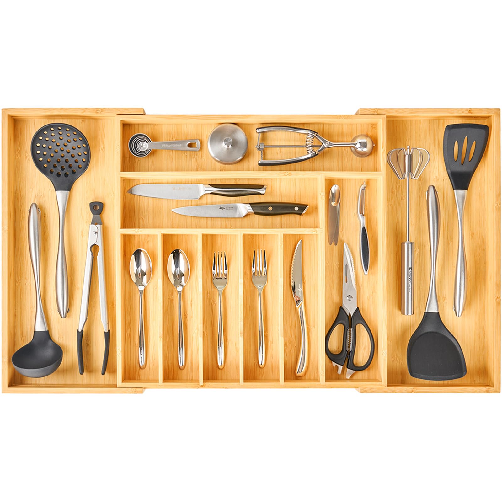 Umilife extra large bamboo drawer organizer with curved grooves for silverware