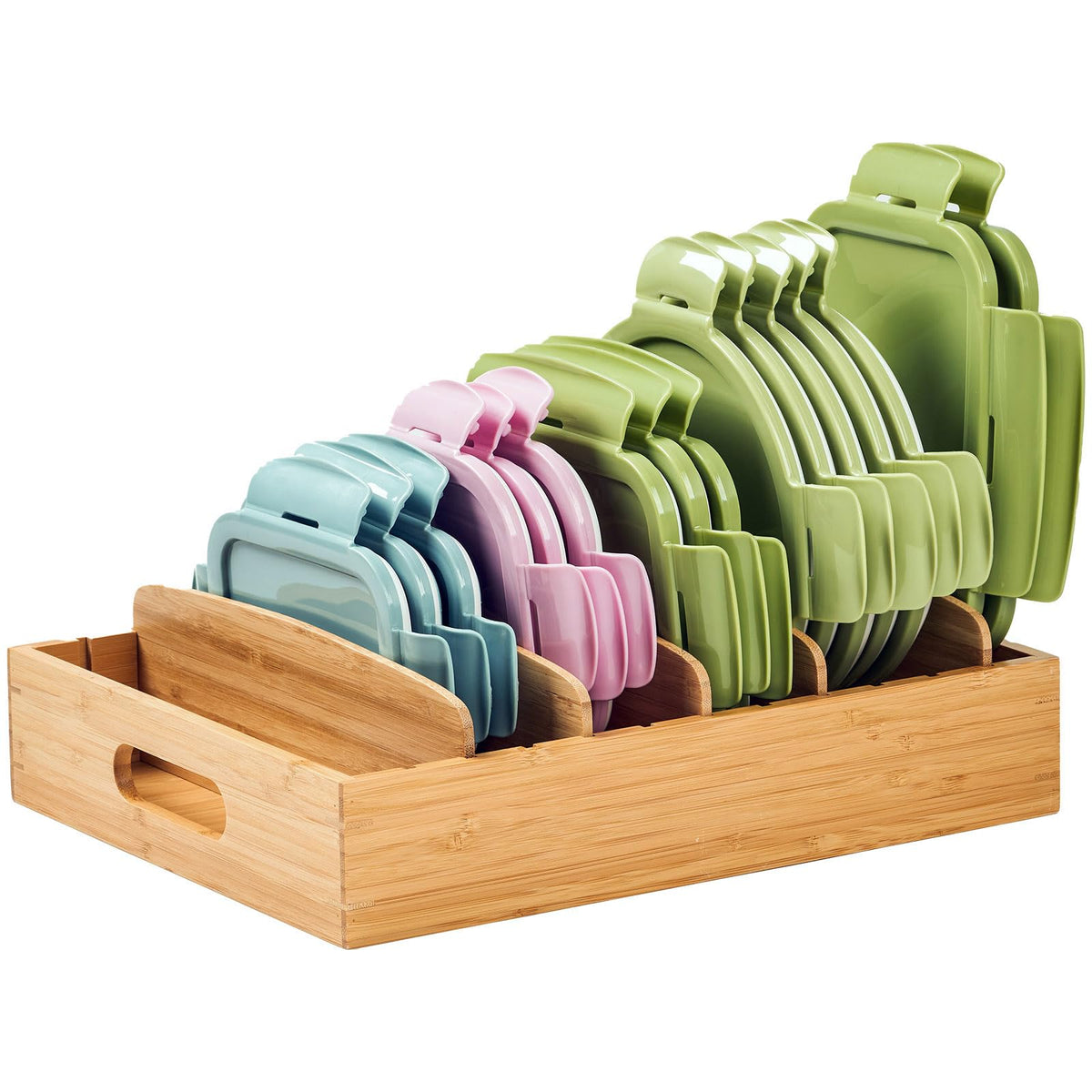 Umilife bamboo cabinet organizer for lids, keeps clutter down and lids upright.