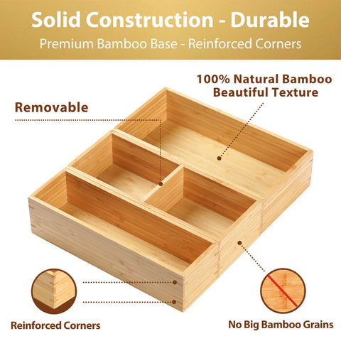 Umilife kitchen drawer organization using bamboo dividers.