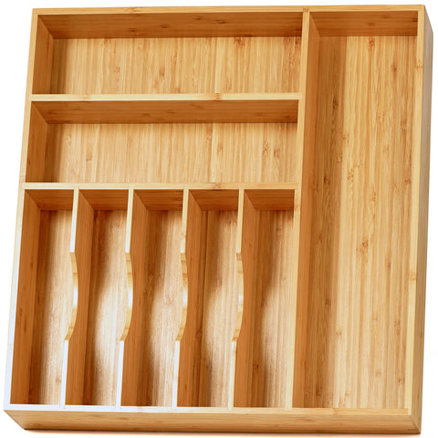 Umilife large drawer organizer with bamboo base keeps kitchen utensils neatly arranged.