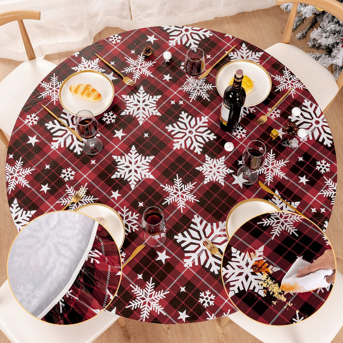 UMINEUX round tablecloth with snowflake pattern protects surface while adding festive flair.