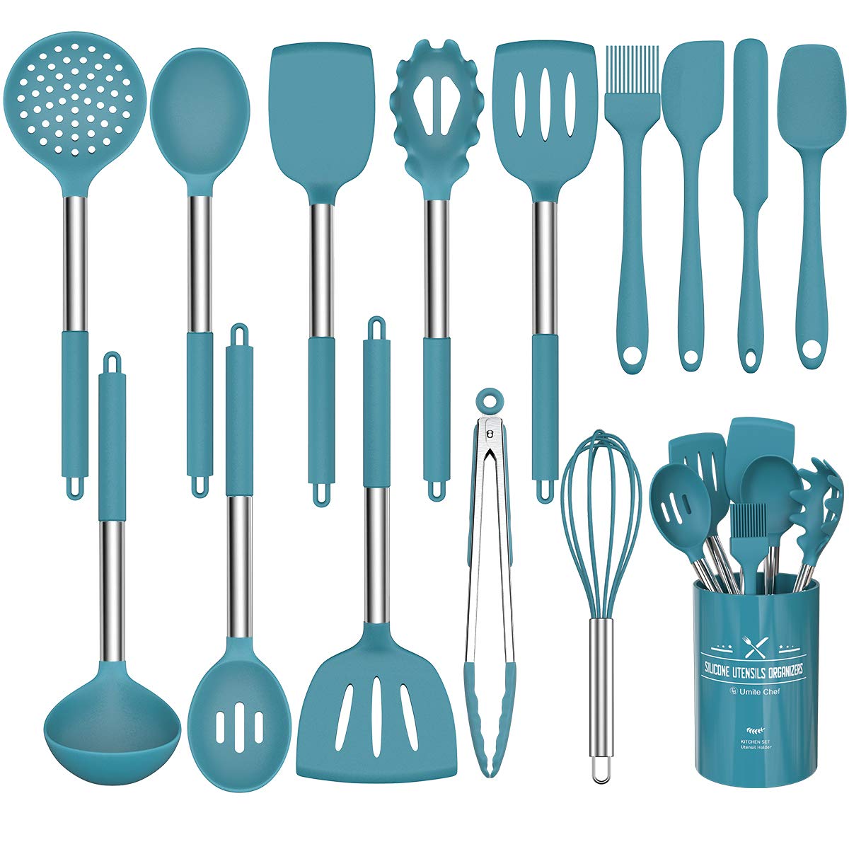 Umite Chef 15-pcs silicone utensils blue overview for versatile cooking