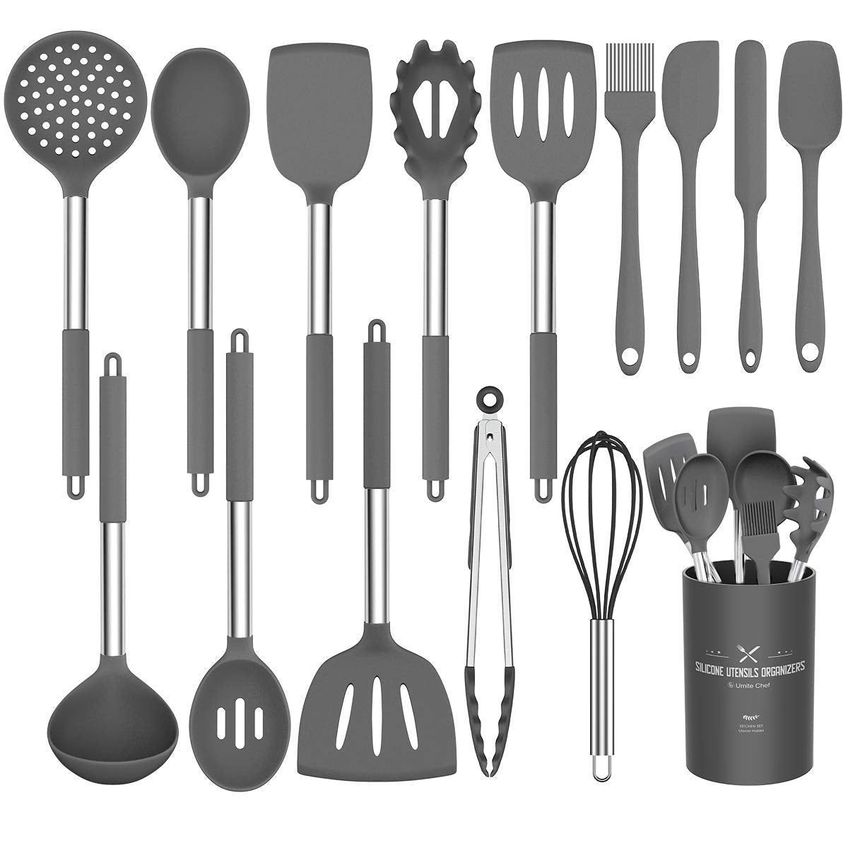 Umite Chef 15-piece utensil set in gray on counter for nonstick cookware