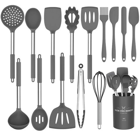 Umite Chef 15-piece utensil set in gray on counter for nonstick cookware